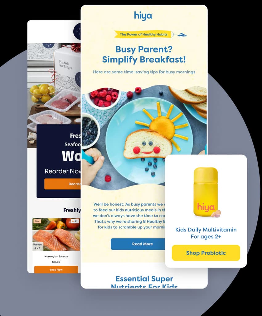 Hiya email design mockups showing newsletter and product email layouts