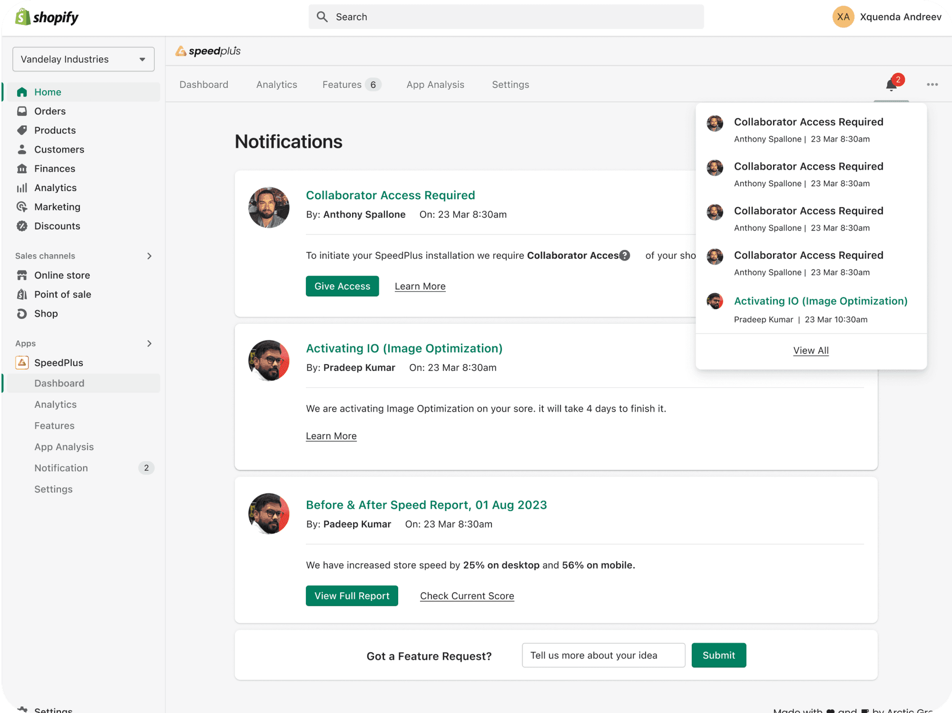 Custom Shopify app dashboard interface