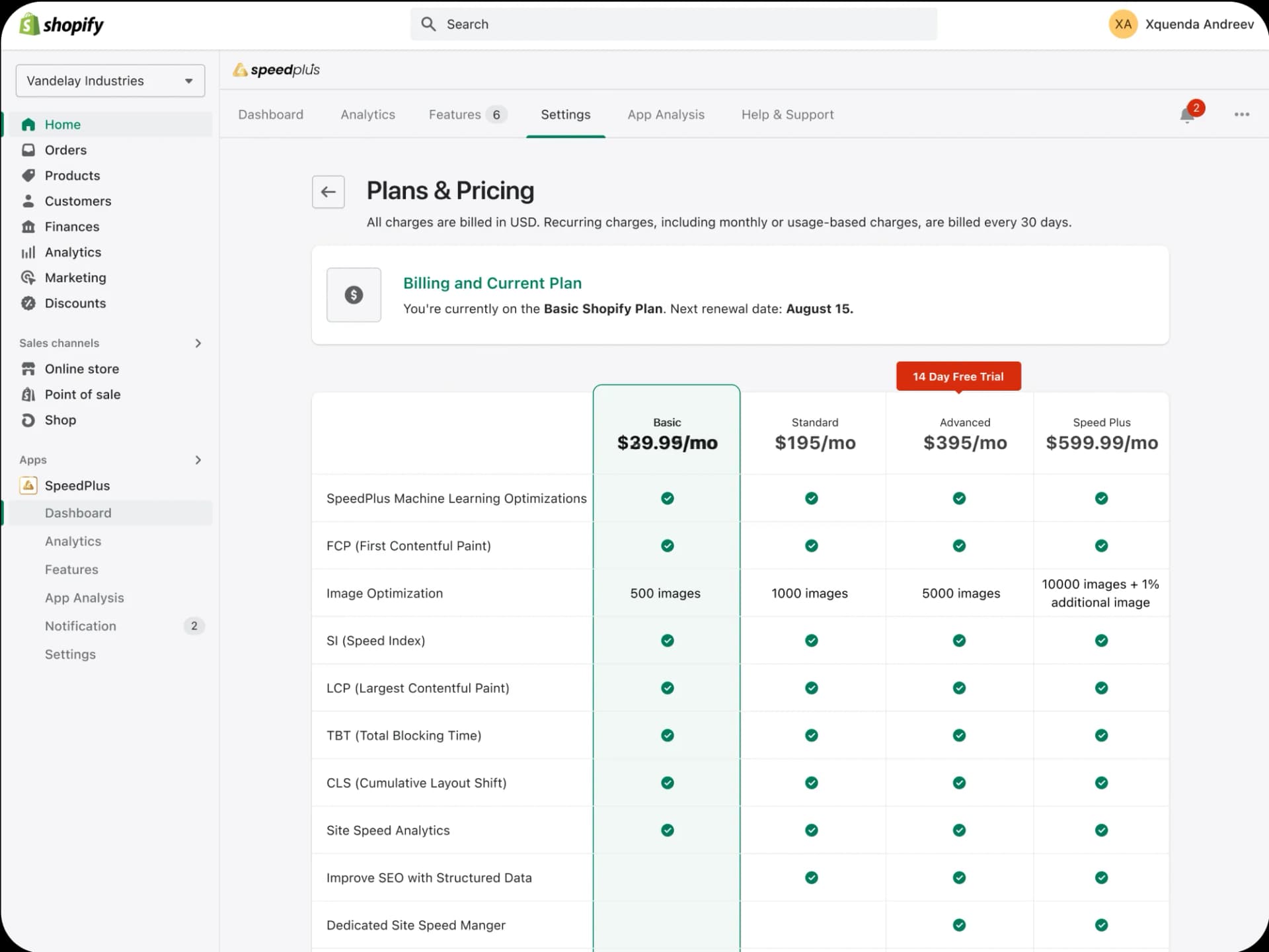 Custom Shopify app dashboard interface