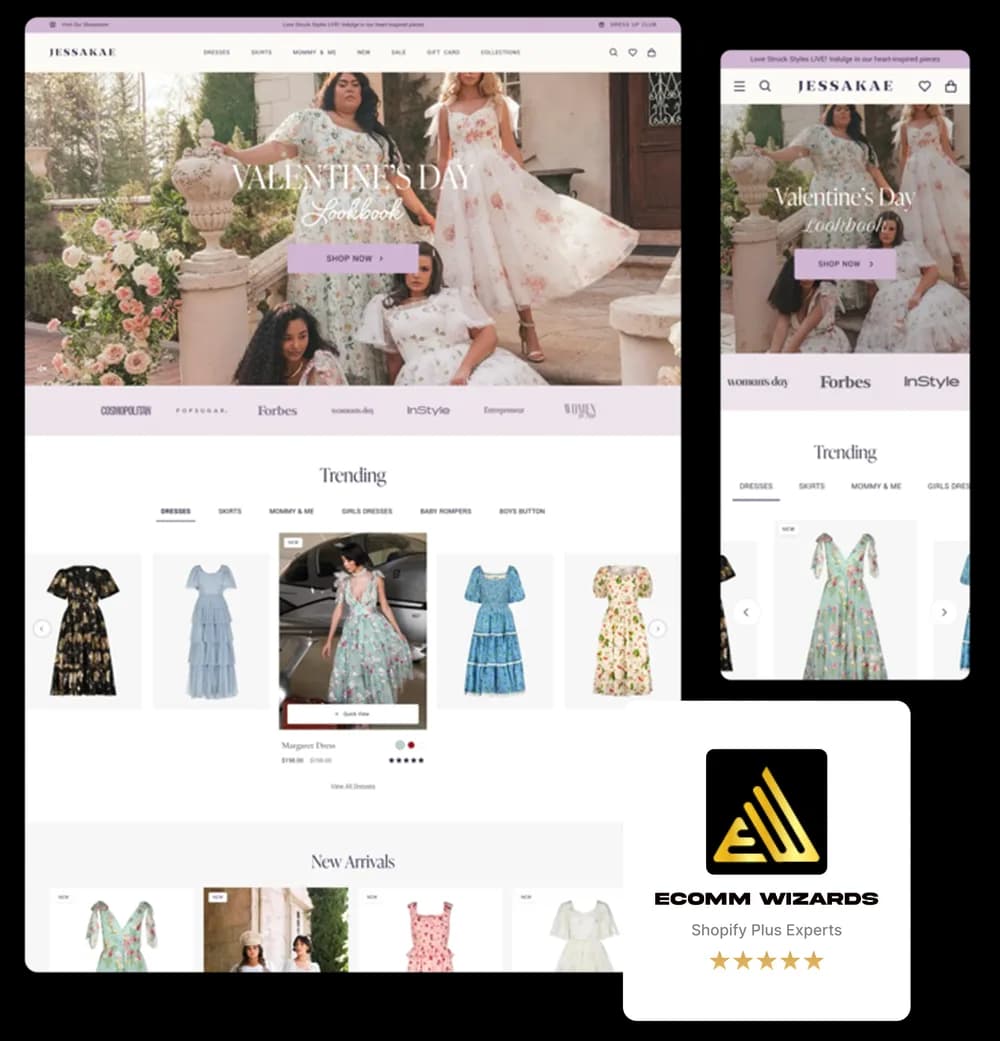 Shopify store UX/UI design mockups for Jessakae with Arctic Grey Shopify Plus Experts five star review