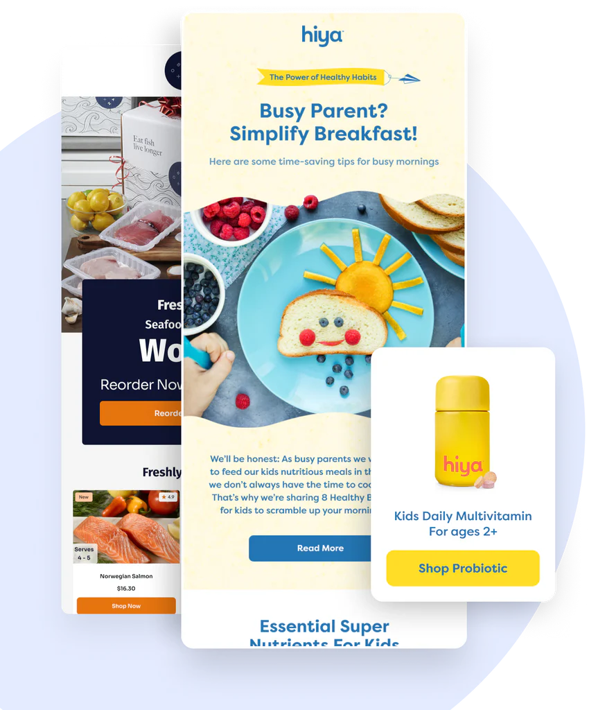 Hiya email design mockups showing newsletter and product email layouts