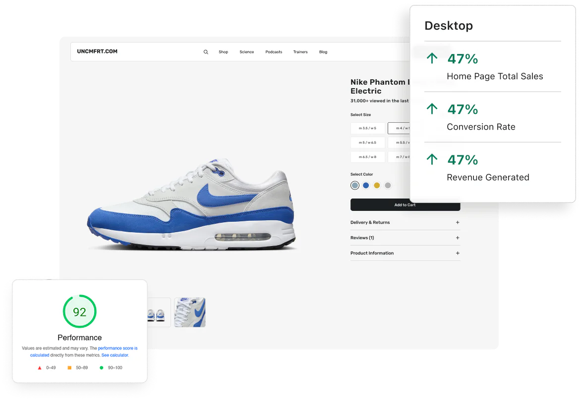 Shopify store performance dashboard showing app optimization results