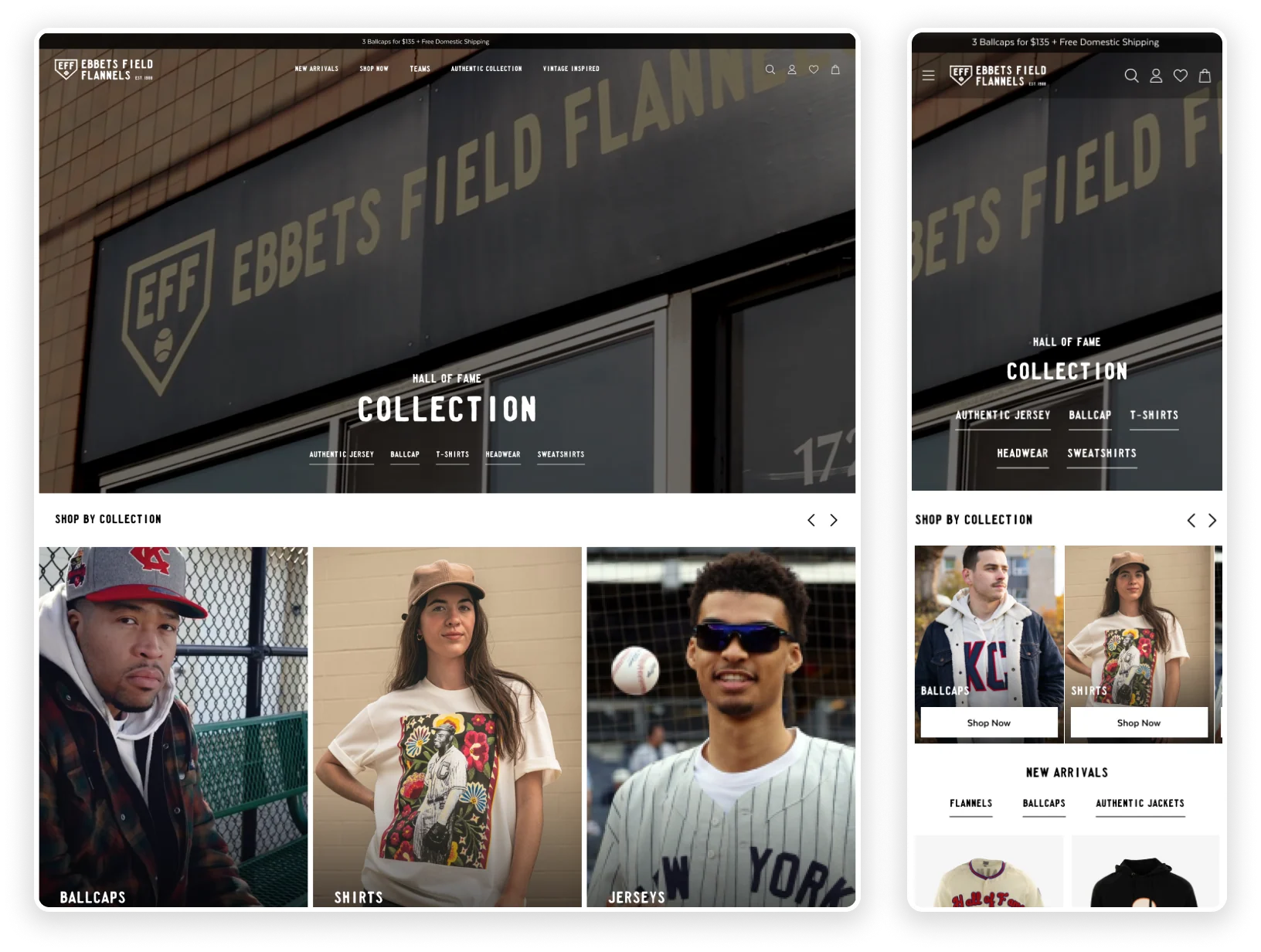 Ebbets Field Flannels Shopify storefront on desktop and mobile