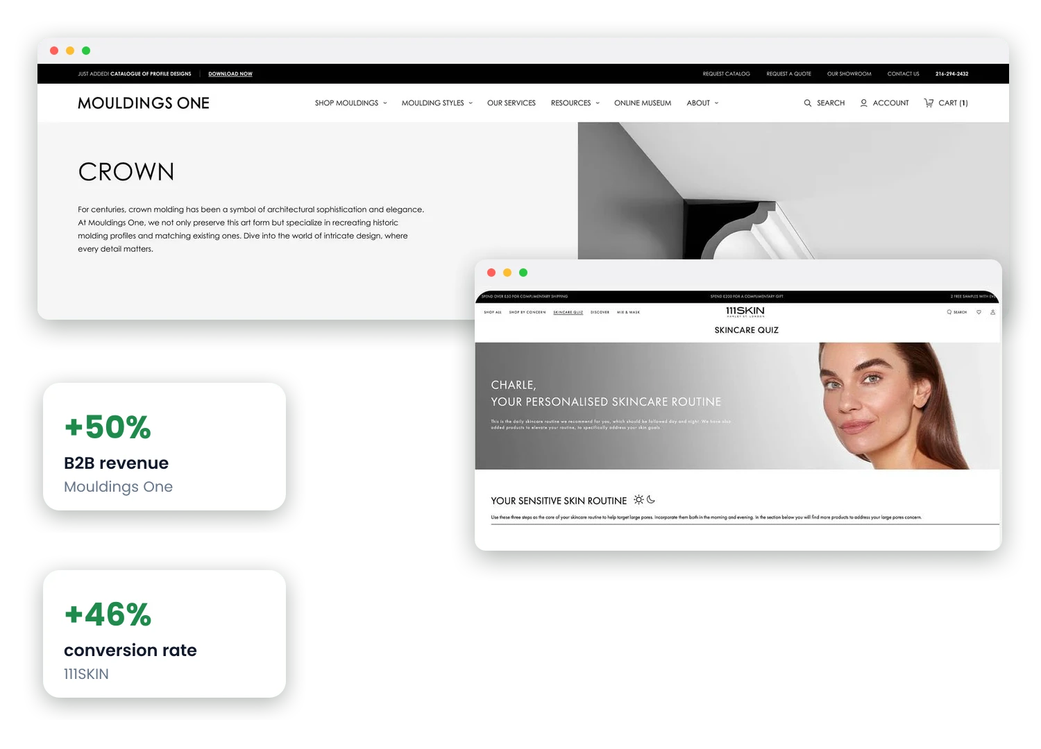 A category page we built for Mouldings One, carrying its own written description and two routes through the catalog in the menu, and a skincare finder we built for 111SKIN that turns the same product data into one person's routine, beside cards reading B2B revenue up 50% and conversion up 46%