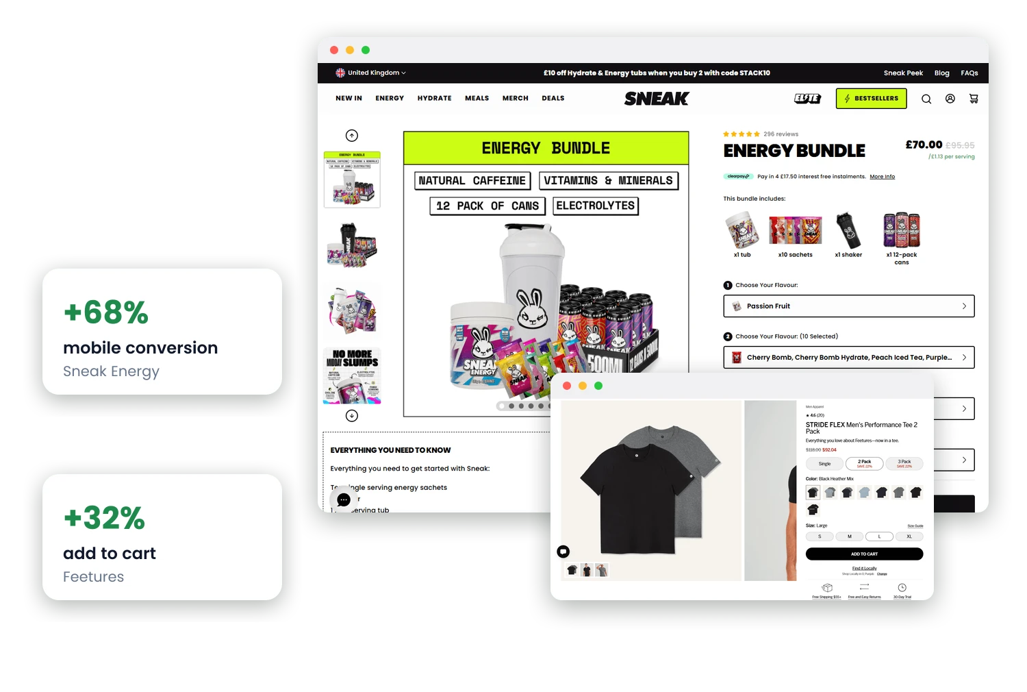 A bundle builder we built into the store for Sneak Energy, where a customer chooses the flavors and the shaker step by step, and a product page we built for Feetures with its pack sizes, colors and sizes in one place, beside cards reading mobile conversion up 68% and add to cart up 32%