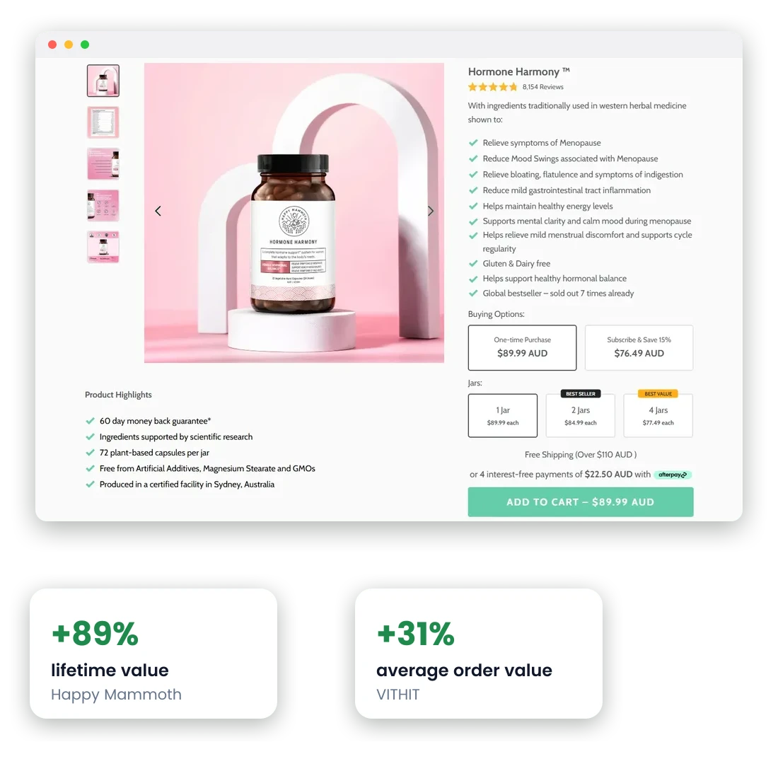 A product page we built for Happy Mammoth where the buying options sit side by side, a one-time purchase next to a repeat order, with the jar quantities underneath running one, two and four, beside cards reading lifetime value up 89% and average order value up 31%