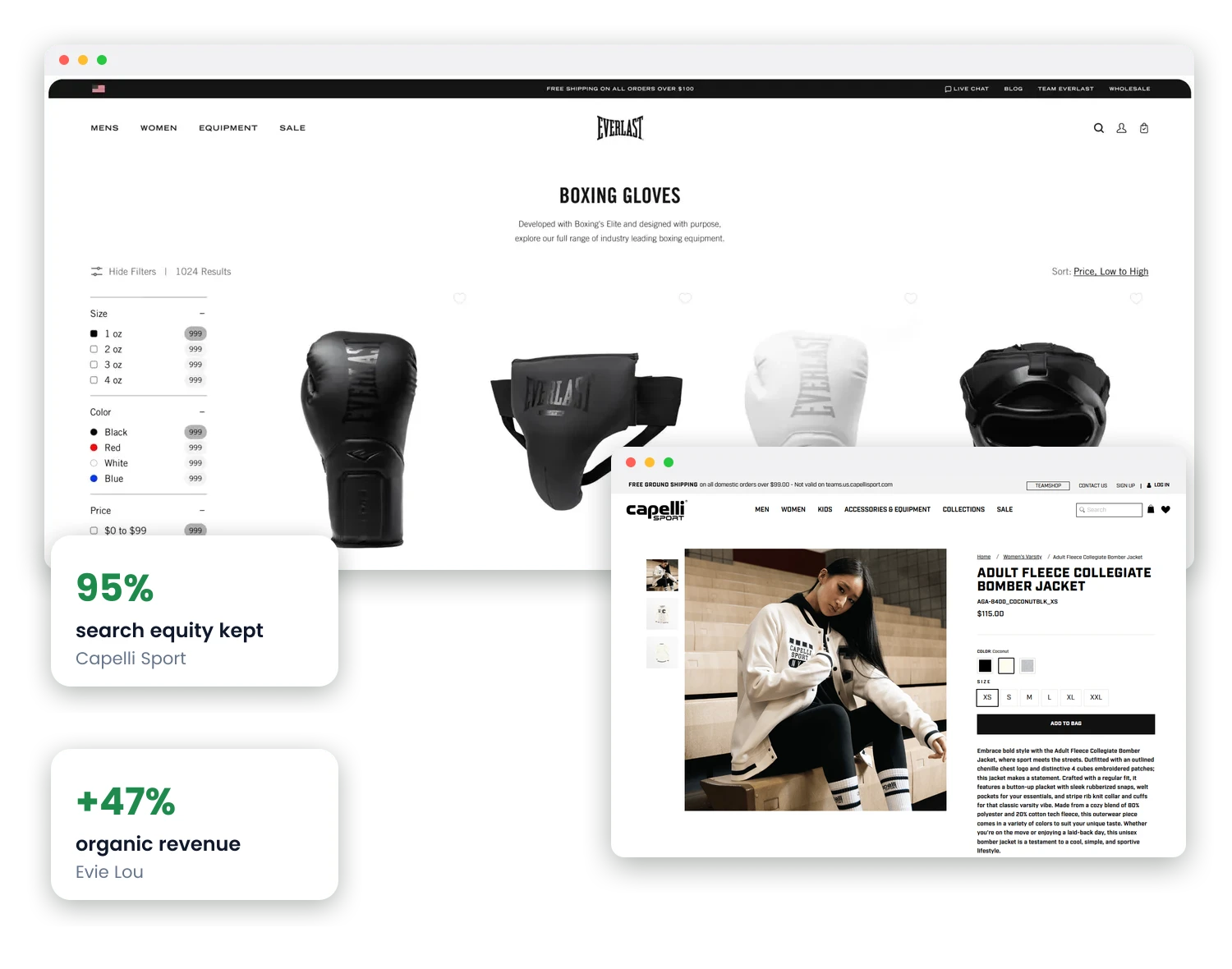 A boxing glove category page we rebuilt for Everlast, carrying its own description under the heading and 1,024 products behind it, and a product page we built for Capelli Sport with a written description, beside cards reading 95% search equity kept and organic revenue up 47%