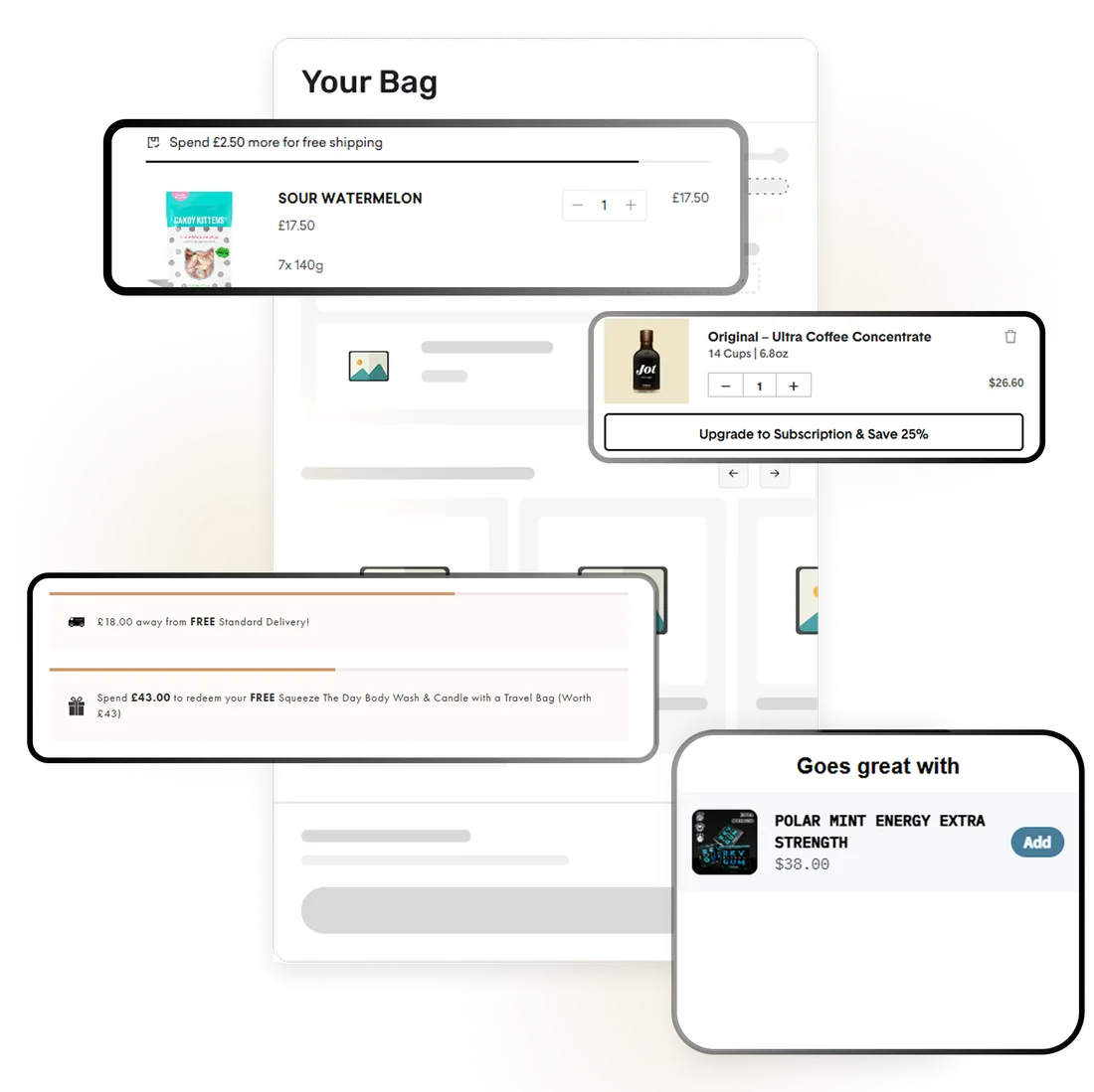 Real gamified Shopify cart drawers built by Ecomm Wizards: free-shipping progress bars, tiered gift rewards, subscription upsells, and product recommendations