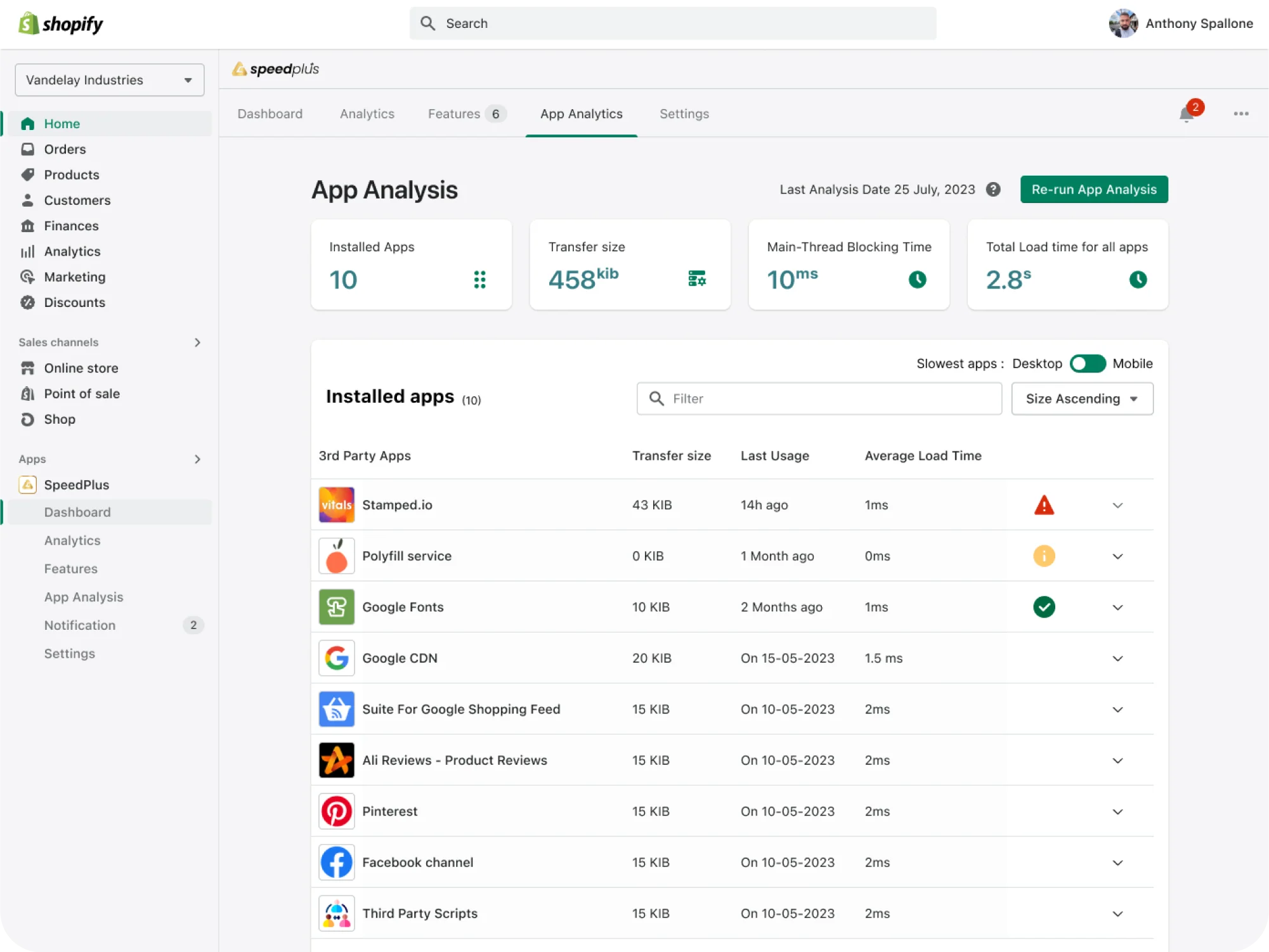 Custom Shopify app dashboard interface