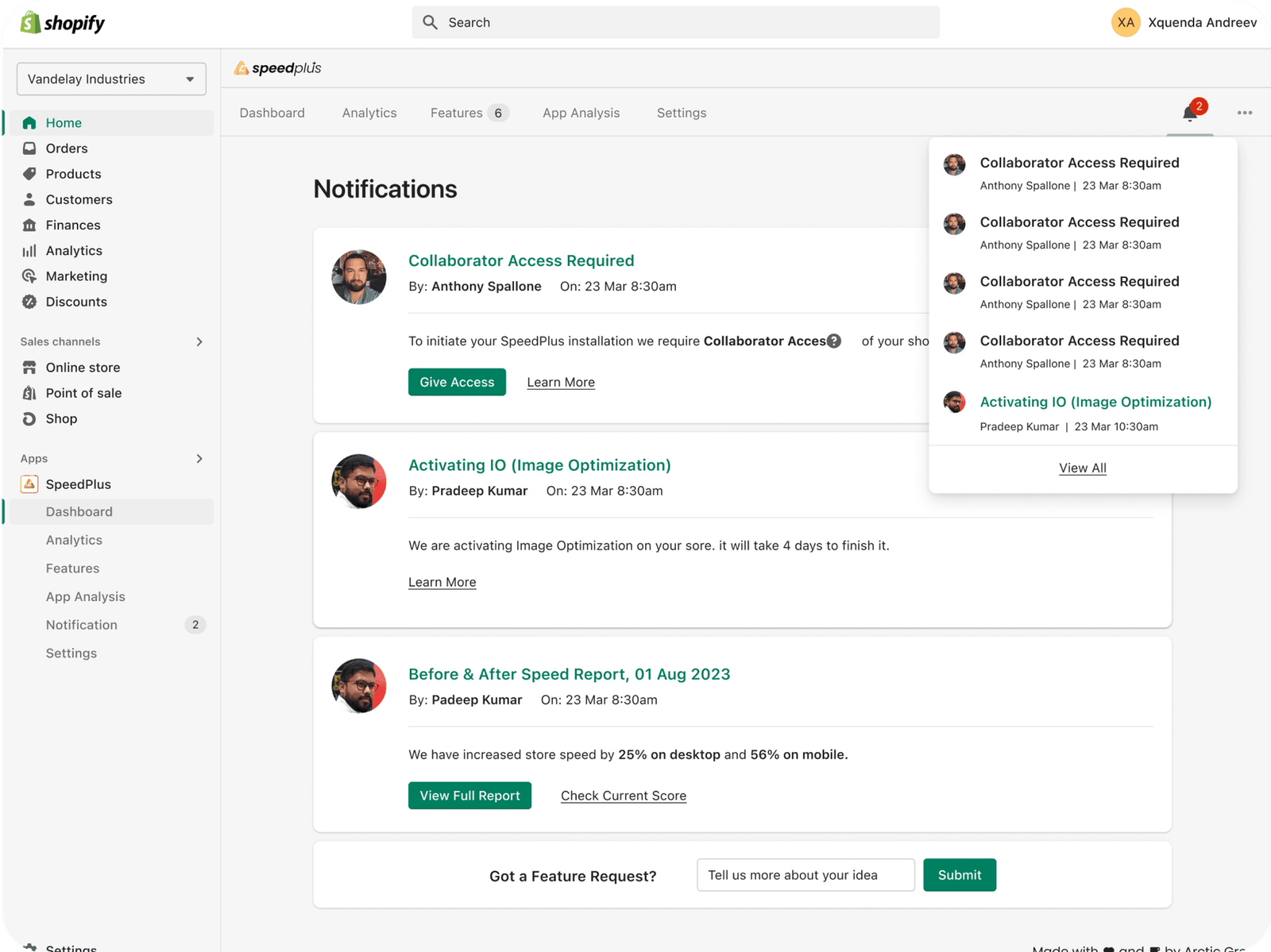 Custom Shopify app dashboard interface