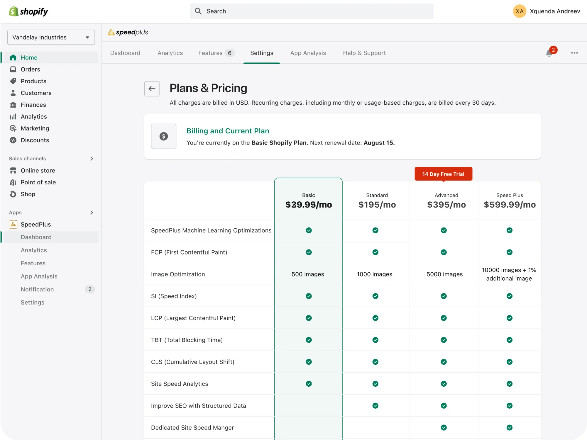 Custom Shopify app dashboard interface
