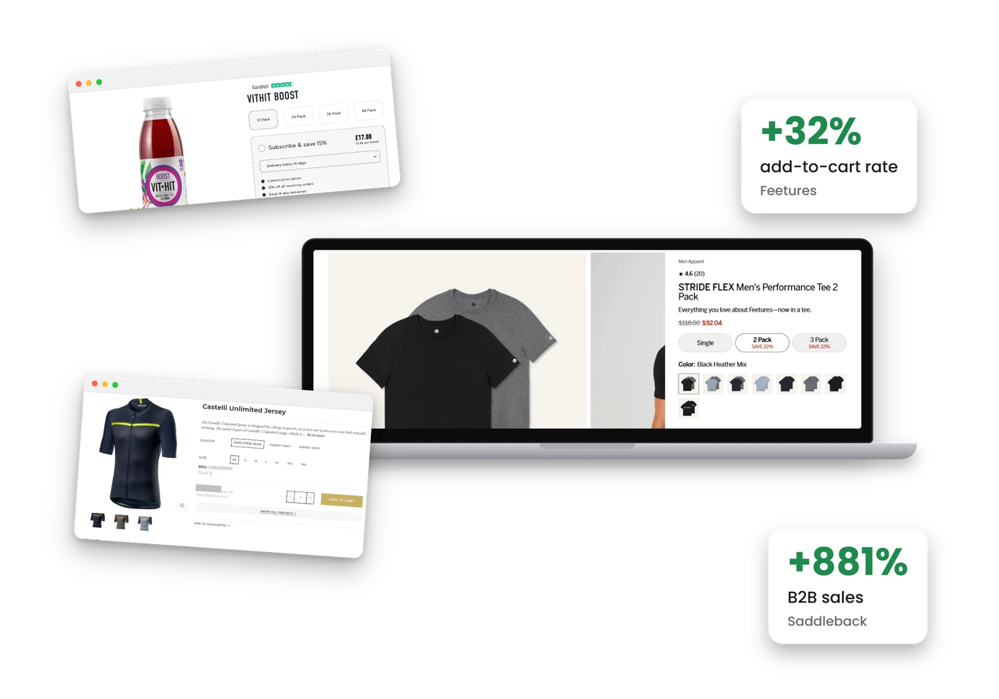 Product pages we built for Feetures, VITHIT and Saddleback, with results of +32% add-to-cart rate for Feetures and +881% B2B sales for Saddleback