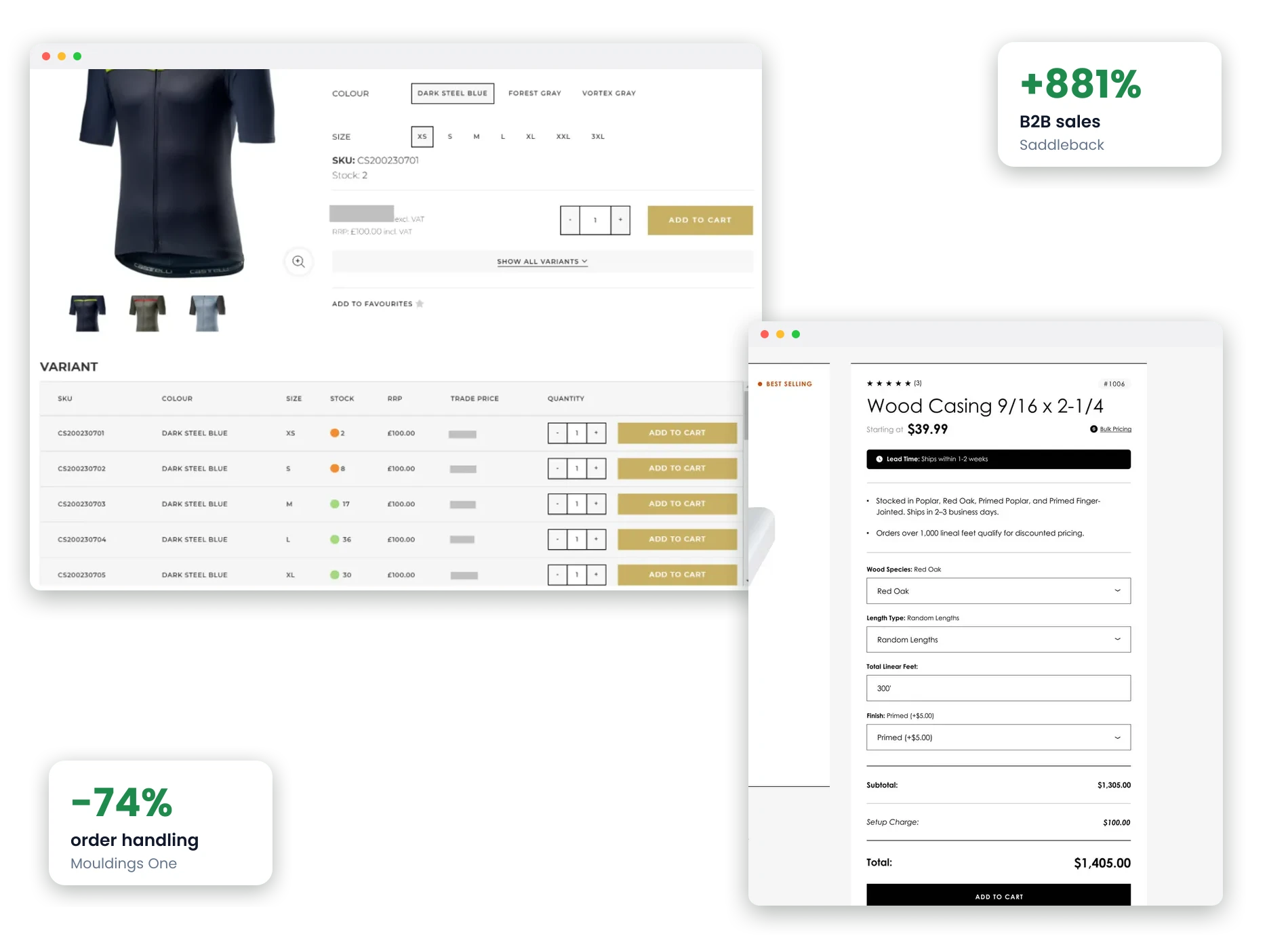 A trade ordering screen we built for Saddleback showing stock and bulk quantities per variant, and a made-to-order configurator we built for Mouldings One, with results of 881% more B2B sales and 74% less order handling