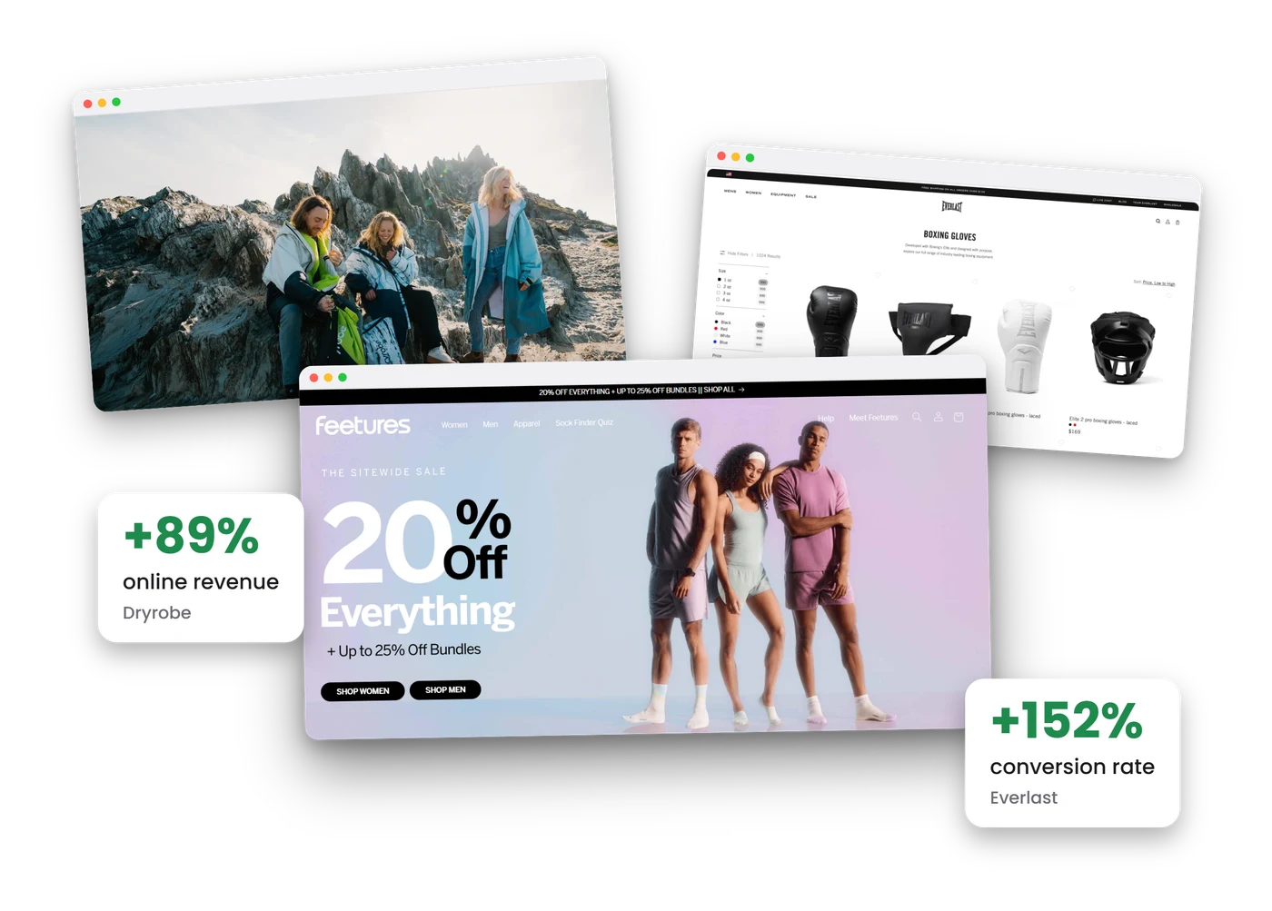 Shopify storefronts we designed for Feetures, Dryrobe and Everlast, with results of +32% add to cart and +152% conversion rate