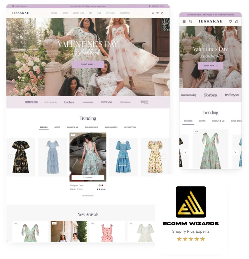 Shopify store UX/UI design mockups for Jessakae with Arctic Grey Shopify Plus Experts five star review