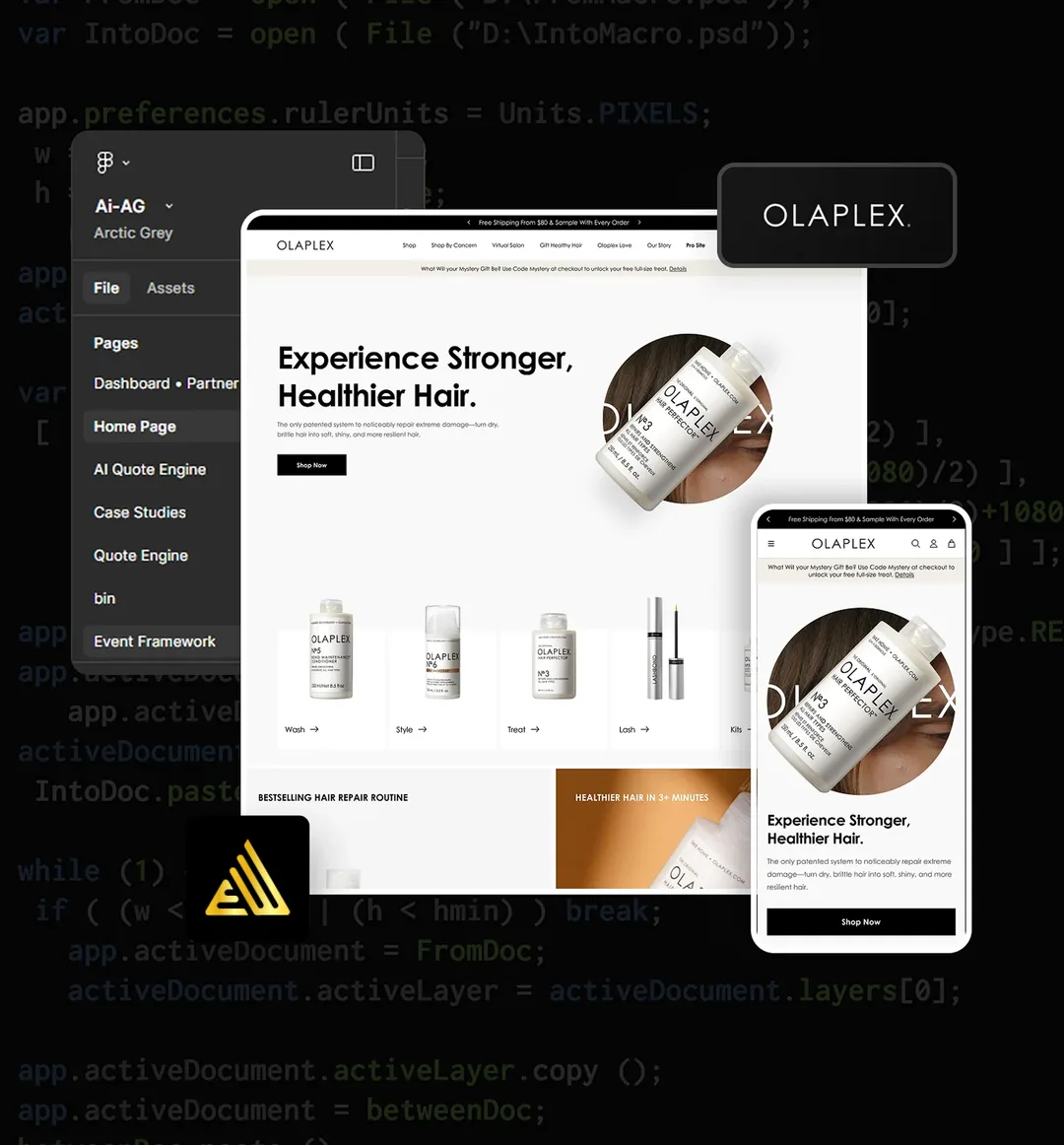 Shopify Plus customizer building the OLAPLEX storefront on desktop and mobile